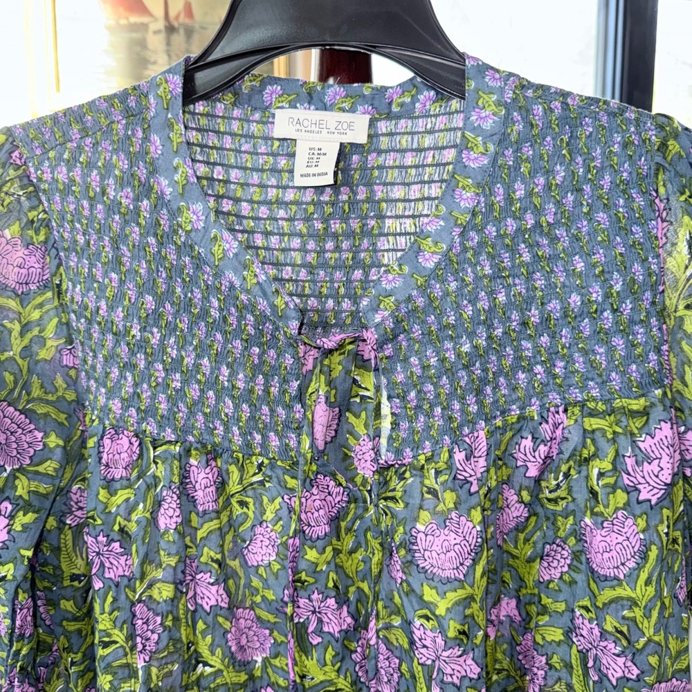 Rachel Zoe Floral 100% Cotton Smocked Blouse Blue Purple Boho Tassel Top Size M - Picture 3 of 9
